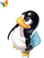 Linux-Pinguin Tux mit Fliegenklatsche und MSN-Schmetterling